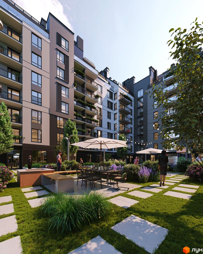 Житловий комплекс Park Residence з балконами та зеленим внутрішнім двориком з місцями для відпочинку. Сучасна архітектура та доглянута територія.