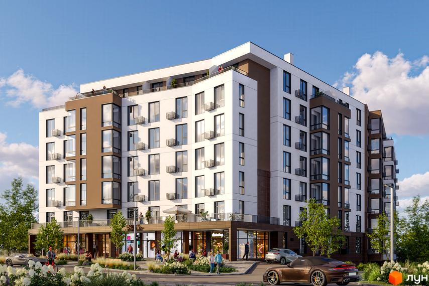 Житловий комплекс Парус ONE - це сучасна новобудова з біло-коричневим фасадом, великими вікнами та балконами. Територія навколо будинку озеленена, з місцями для відпочинку та паркування.