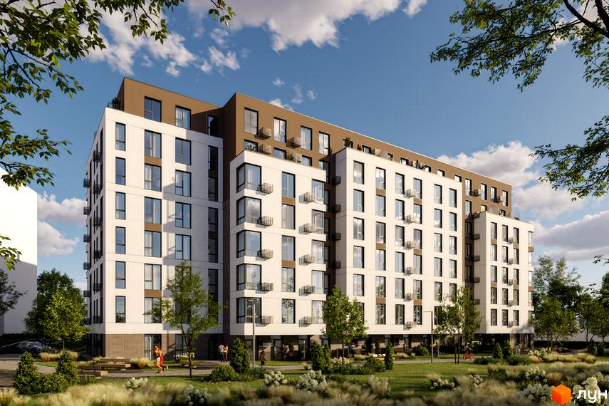 Новобудова Парус ONE з біло-коричневим фасадом та балконами, оточена зеленим парком з деревами та місцями для відпочинку.