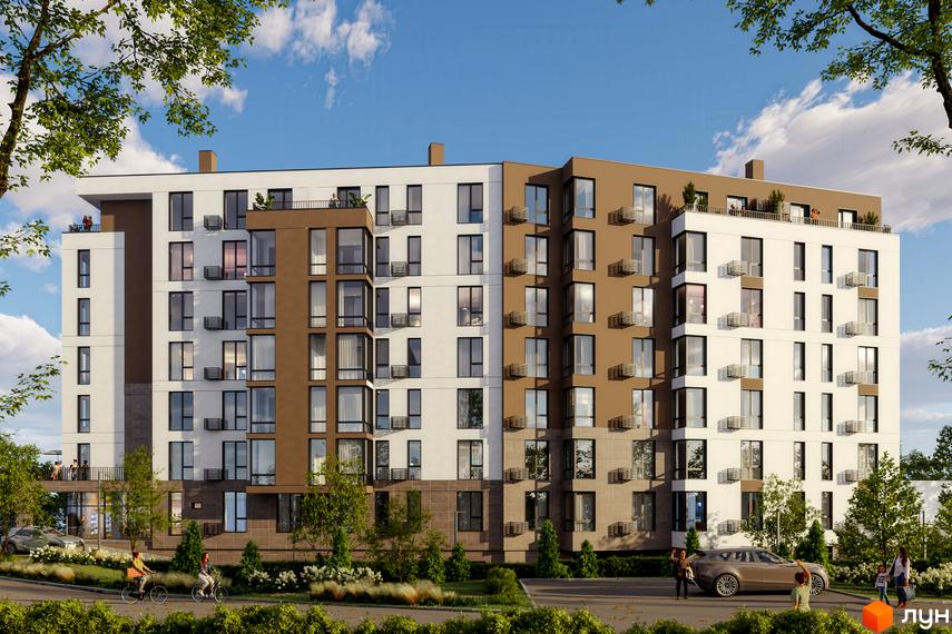 Новобудова ЖК Парус ONE з коричневими та білими фасадами, балконами та панорамними вікнами. Прибудинкова територія з деревами, кущами, дорогою та людьми.