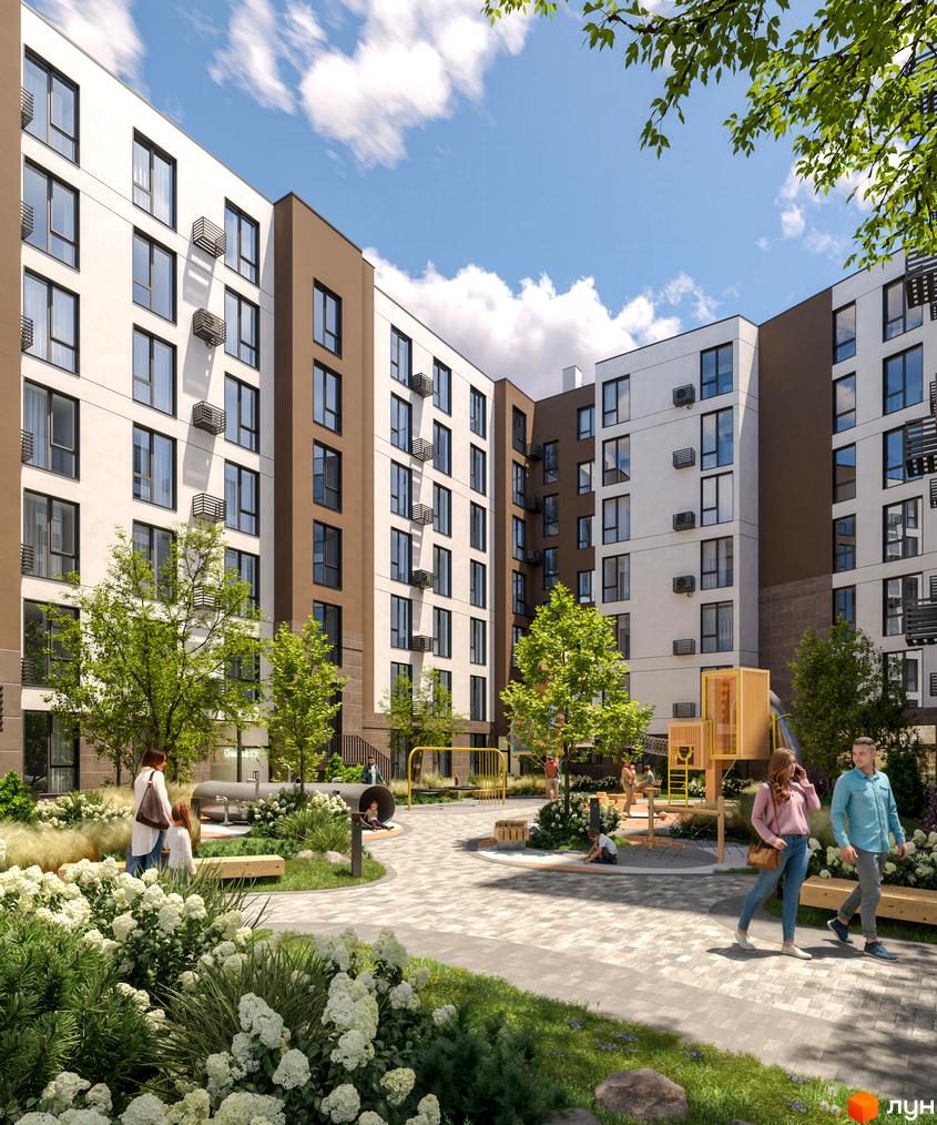Багатоповерхові будинки Житлового комплексу Парус ONE з біло-коричневими фасадами. У дворі облаштований дитячий майданчик, зелені насадження та доріжки.