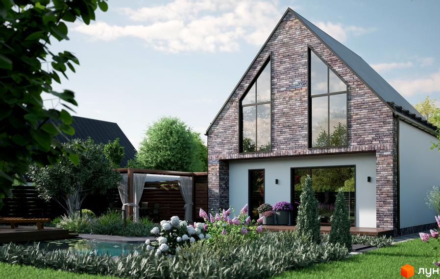 Котеджне містечко ArtHomes: двоповерховий будинок з цегляним фасадом та великими вікнами, оточений доглянутим садом з водоймою та альтанкою.