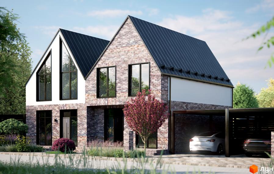 Котеджне містечко ArtHomes: двоповерховий будинок з цегляним фасадом, чорним дахом та великими вікнами. Біля будинку росте рожеве квітуче дерево та зелені насадження.