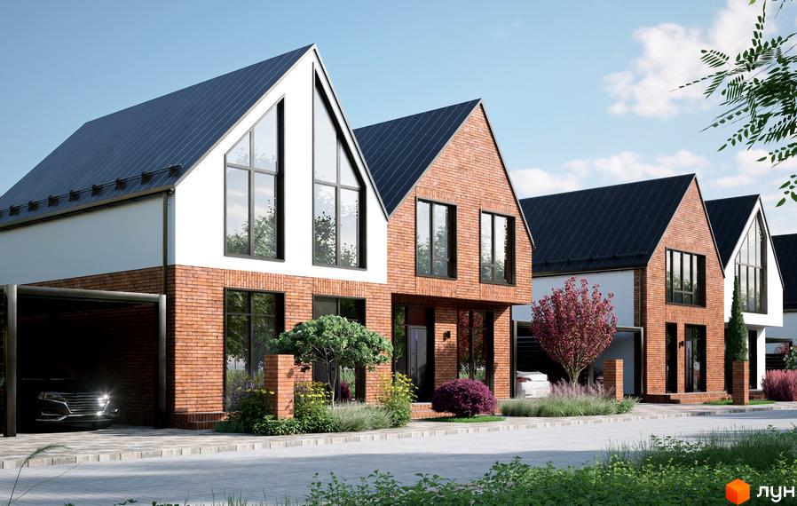 Котеджне містечко ArtHomes: фасади будинків з червоної цегли та білої штукатурки, з темними дахами та панорамними вікнами. Перед будинками доріжка та озеленення.