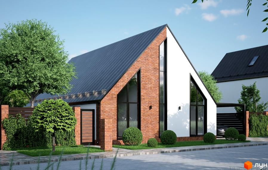 Котеджне містечко ArtHomes: будинок з похилим дахом, цегляним та білим фасадом, великими вікнами. Навколо зелені насадження та доріжка.