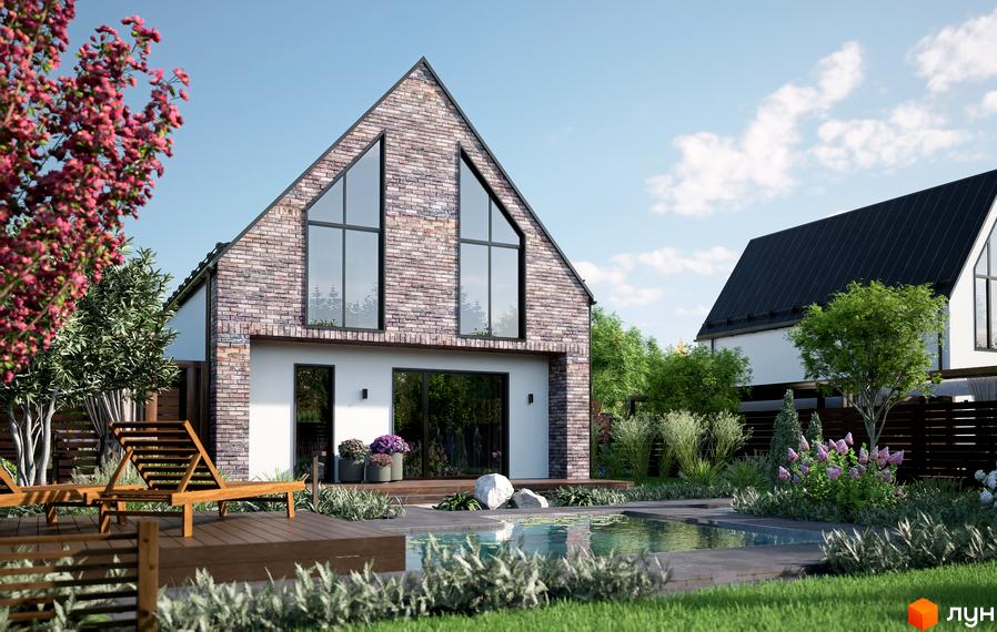 Котеджне містечко ArtHomes: будинок з цегляним фасадом, темним дахом та великими вікнами. На подвір'ї тераса, водойма та зелені насадження.