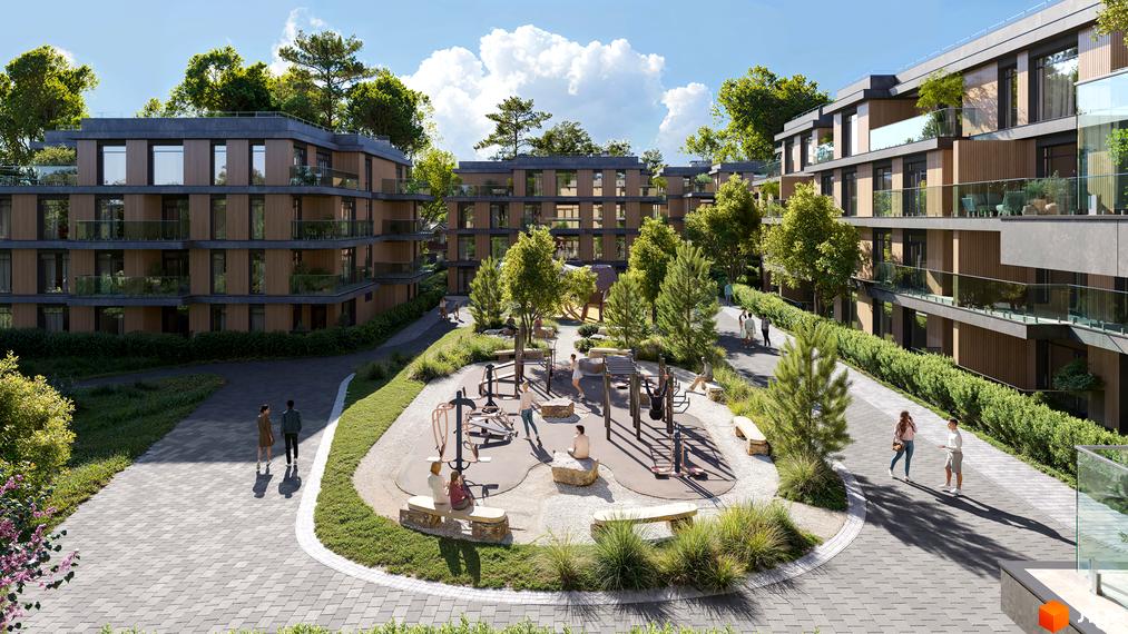 Житловий комплекс AURA з дерев'яними фасадами та скляними балконами, оточений зеленню та облаштованим двором з вуличними тренажерами.