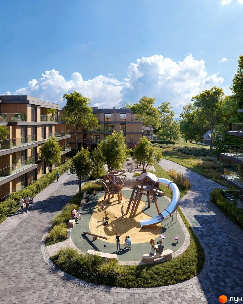 Багатоповерхові будинки Житлового комплексу AURA з дерев'яними фасадами та скляними балконами, поруч облаштований дитячий майданчик.
