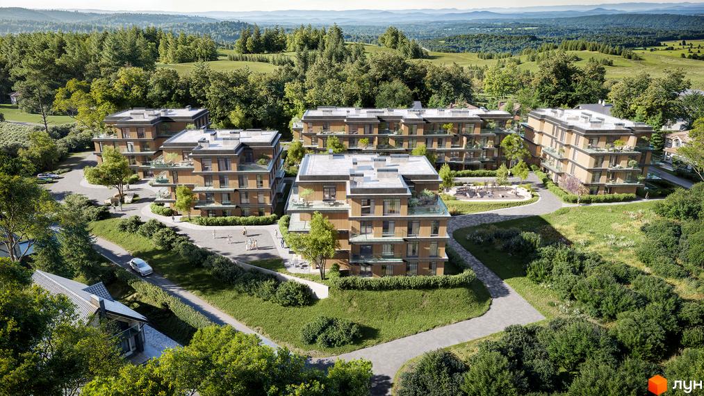 Житловий комплекс AURA: багатоквартирні будинки з дерев'яними фасадами та балконами, розташовані серед зелених насаджень з доріжками та дитячим майданчиком.