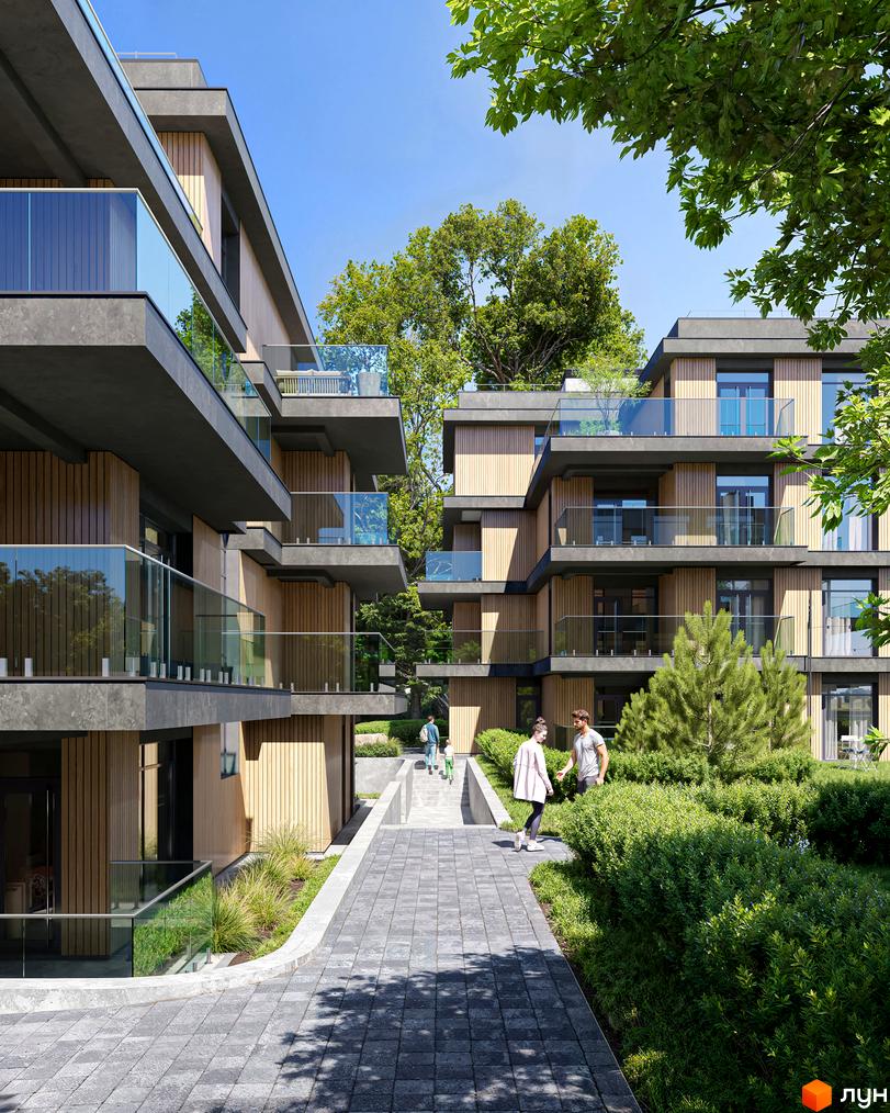Житловий комплекс AURA: багатоповерхові будинки з дерев'яним облицюванням та балконами зі скляними поручнями, серед зелених насаджень та доріжок.