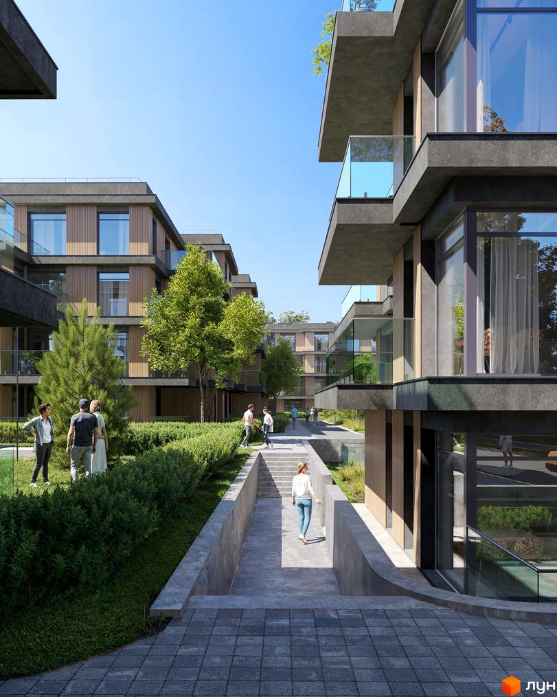 Житловий комплекс AURA: будинки з темними балконами та світлими дерев'яними фасадами, великими вікнами, серед зелених газонів та пішохідних зон.