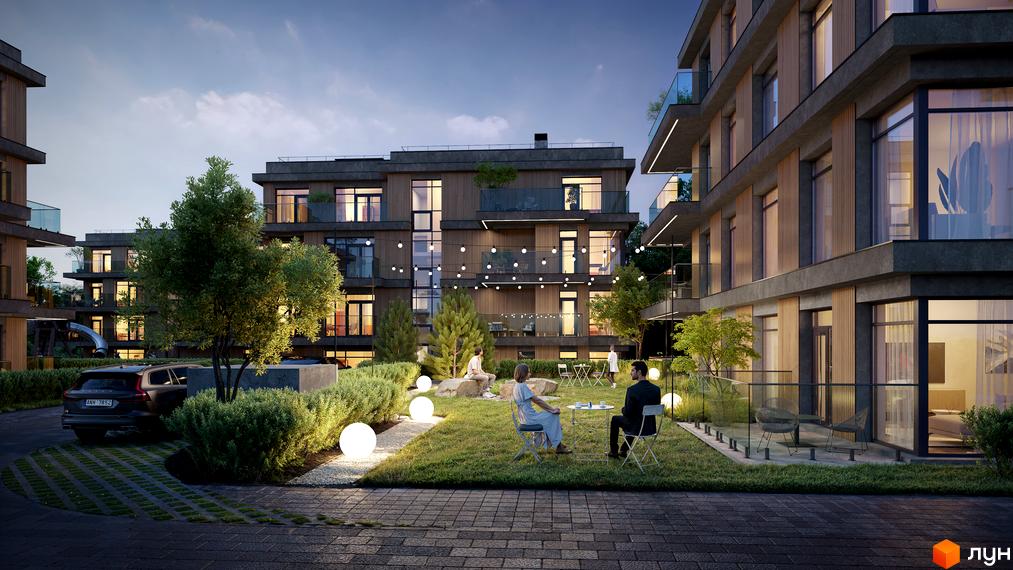 Фасад Житлового комплексу AURA з дерев'яними панелями та великими вікнами. Прибудинкова територія має зелений газон, освітлення та місця для відпочинку.