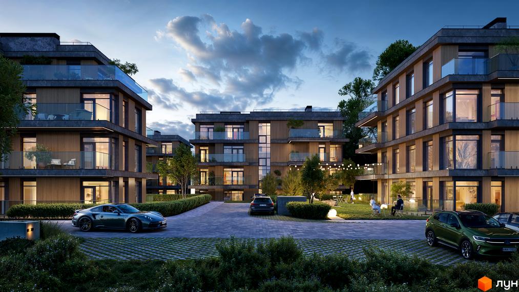 Житловий комплекс AURA: будинки з дерев'яними фасадами, великими вікнами та скляними балконами. Прибудинкова територія з озелененням та освітленням.