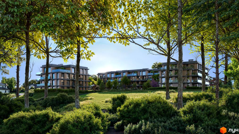 Житловий комплекс AURA: багатоповерхові будинки з дерев'яними панелями та скляними балконами. Прибудинкова територія з доглянутим газоном, численними деревами та кущами.