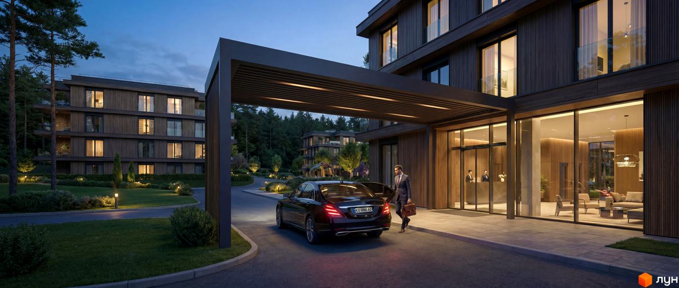 Житловий комплекс AURA з дерев'яним фасадом та великими вікнами ввечері. Прибудинкова територія має зелені насадження та освітлені доріжки.