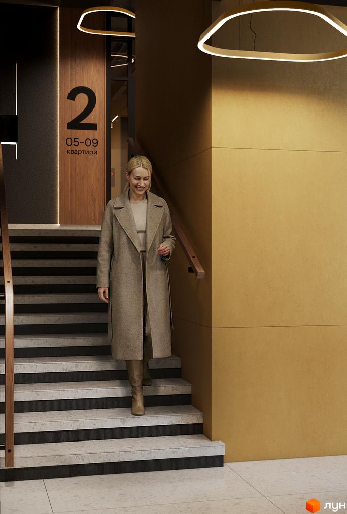 Житловий комплекс AURA: жінка спускається сходами біля входу з номером поверху 2. Сучасний дизайн інтер'єру.