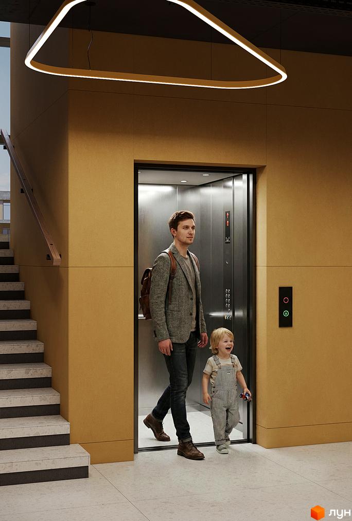Чоловік з дитиною виходять з ліфта в ЖК AURA. Сучасна архітектура та зручні зони для мешканців.