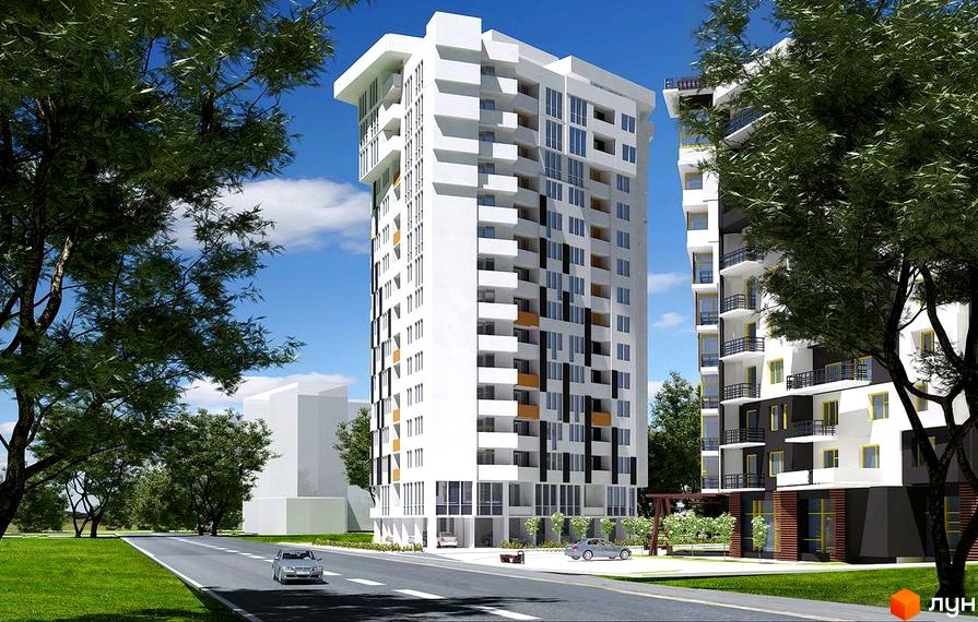 Житловий комплекс Квітневий Residence: високі будинки з білими фасадами та балконами. Поруч дорога, зелені насадження та автомобілі.