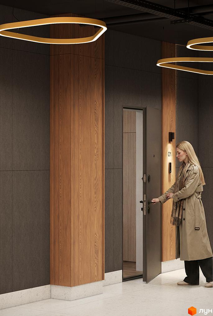 Житловий комплекс AURA: вхідна група з дверима та номер квартири 01. Сучасний дизайн інтер'єру з дерев'яними панелями та освітленням.
