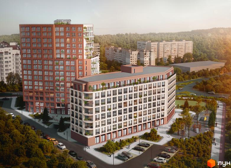 Житловий комплекс Величковського 7-Б з цегляним фасадом та балконами, поруч дитячий майданчик та парковка.