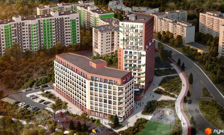 Житловий комплекс Величковського 7-Б з цегляним фасадом та балконами, оточений зеленими зонами та спортивним майданчиком.