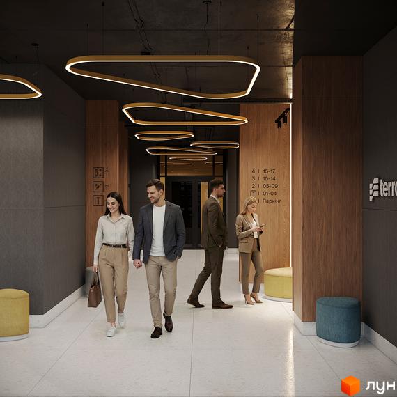Житловий комплекс AURA: стильний інтер'єр холу з сучасними світильниками та людьми. Зовнішній вигляд будинку та прибудинкова територія.