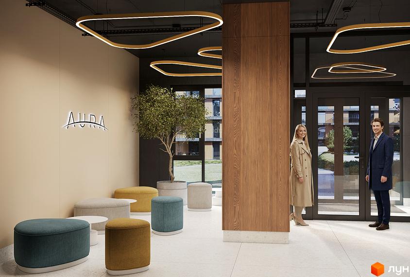 Житловий комплекс AURA: сучасний дизайн вхідної групи з неоновою вивіскою та зоною відпочинку. Зовнішній вигляд новобудови з великими вікнами та зеленою прибудинковою територією.