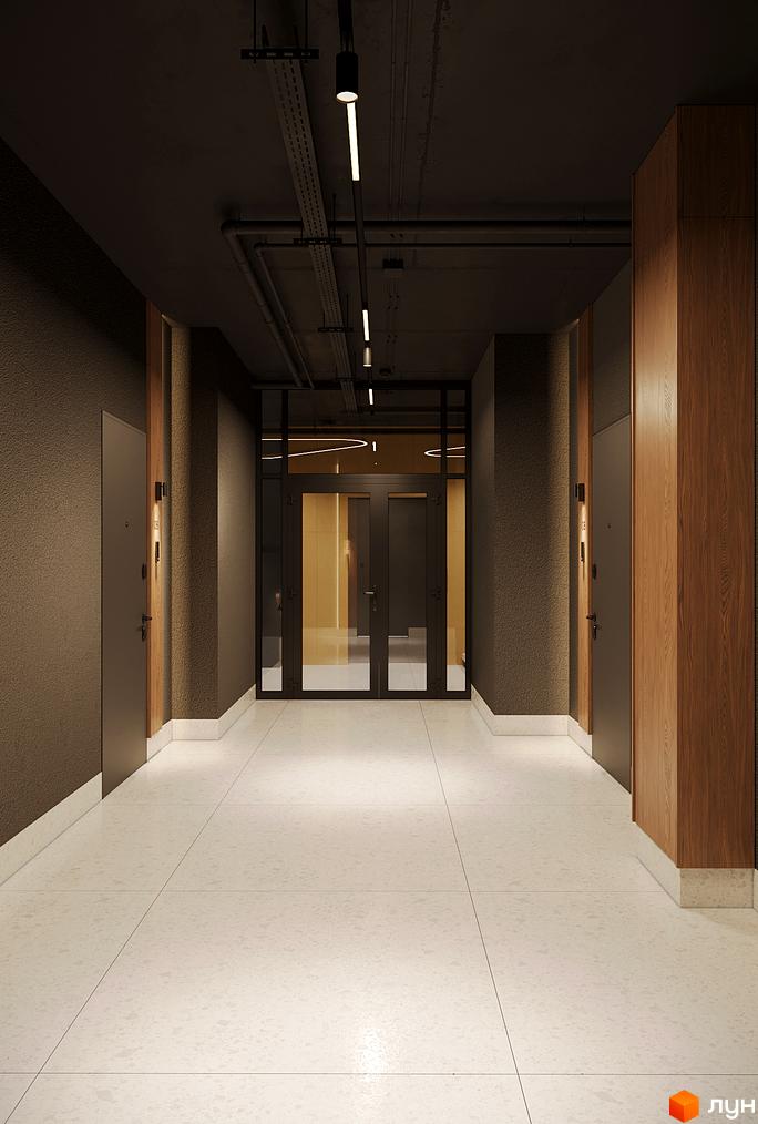 Дизайн холу в житловому комплексі AURA з дверима та оздобленням стін. Ознайомтеся з проєктом новобудови AURA.