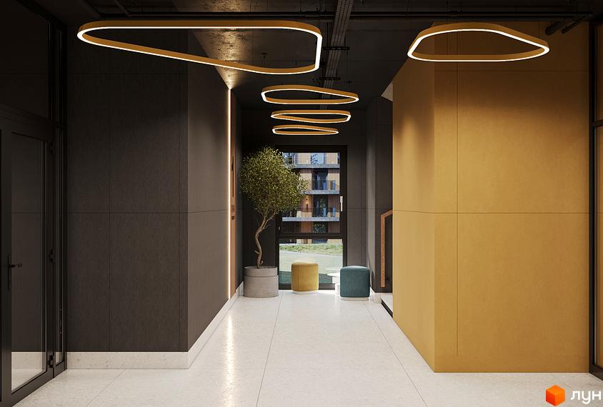 Інтер'єр холу новобудови ЖК AURA з сучасними світильниками та рослиною в горщику. Зовнішній вигляд будівлі з вікнами та балконами.