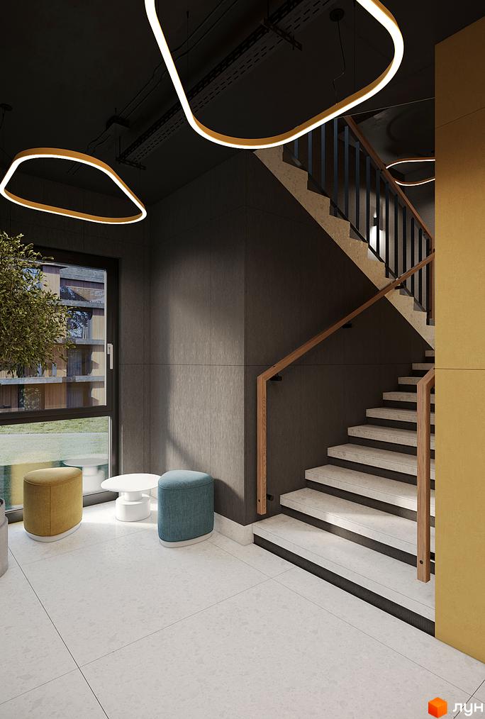 Інтер'єр холу житлового комплексу AURA з підсвіченими світильниками та сходами. Дизайн новобудови з акцентом на функціональність та комфорт.