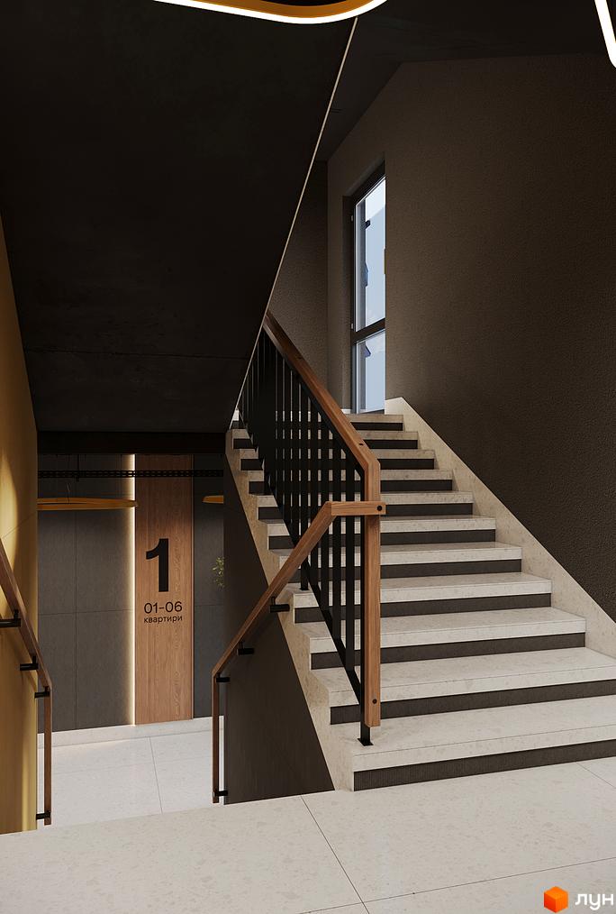 AURA - сучасний житловий комплекс з елегантними сходовими клітками та дверима з номером квартири 1. Ознайомтеся з плануваннями квартир.