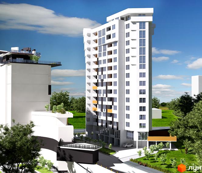 Житловий комплекс Квітневий Residence: висока біла будівля з багатьма вікнами та помаранчевими акцентами, оточена зеленими газонами та деревами.