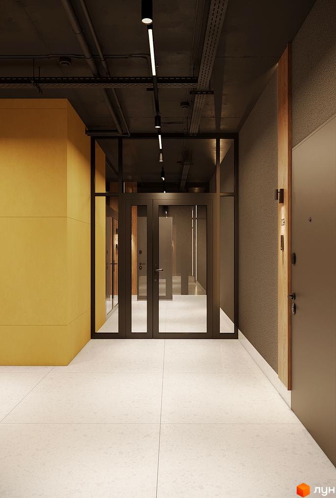 Вхідна група житлового комплексу AURA з жовтою стіною та дверима. Сучасний дизайн інтер'єру вхідної зони.