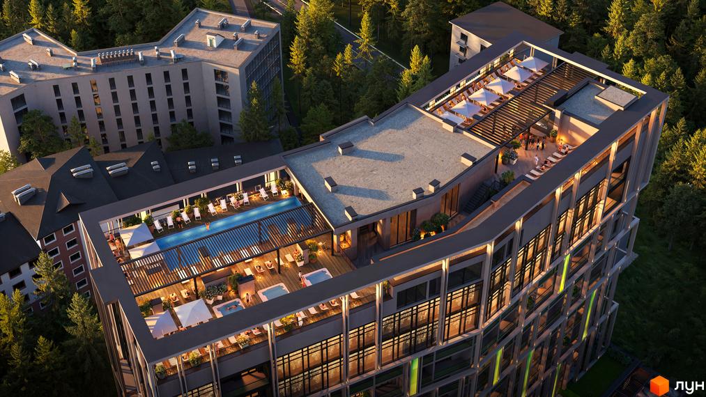 KARDAMON LIFESTYLE RESORT & SPA - апарт-комплекс з басейном та зонами відпочинку на даху. Зовнішній вигляд будівлі з панорамними вікнами та зеленою зоною.