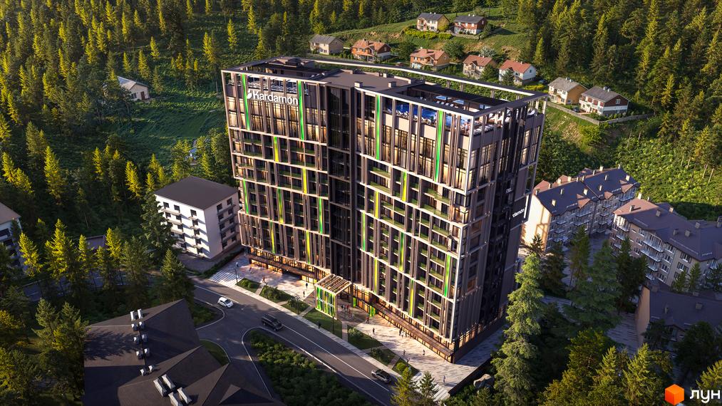 Апарт-комплекс KARDAMON LIFESTYLE RESORT & SPA з фасадом, декорованим зеленими та жовтими смугами, розташований серед лісу з іншими будинками та котеджами.