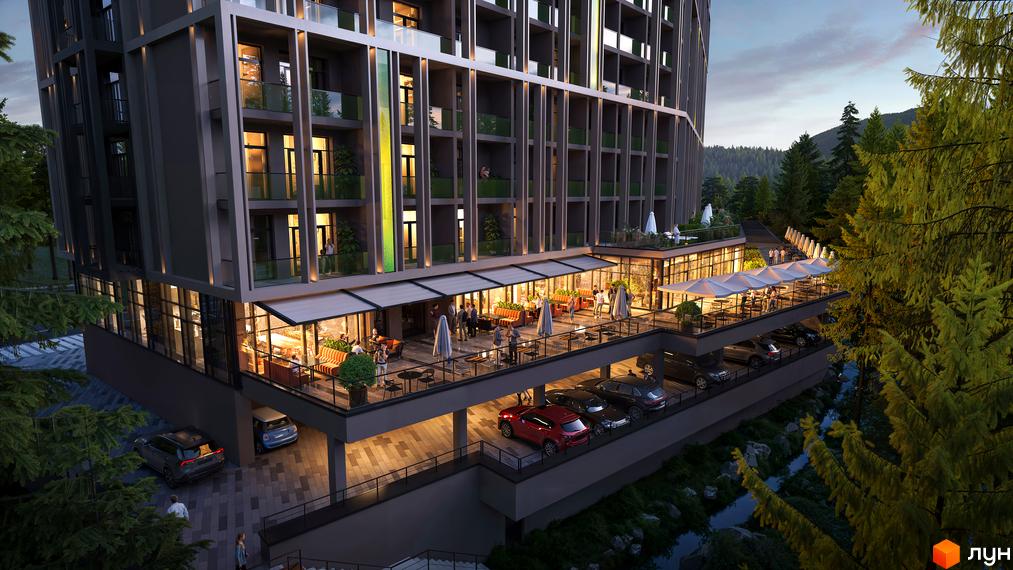 Апарт-комплекс KARDAMON LIFESTYLE RESORT & SPA з терасами та паркінгом, оточений лісом. На території комплексу розташовані зони відпочинку та кафе.