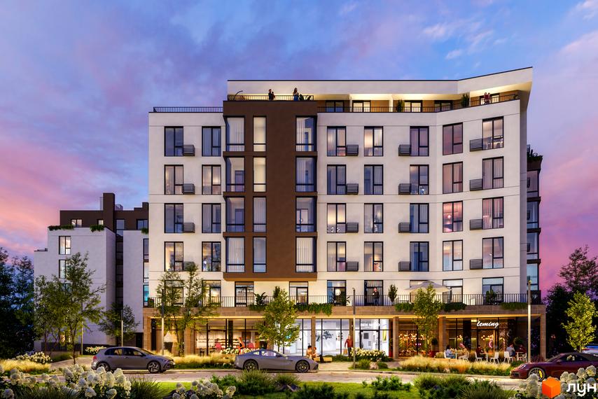 Житловий комплекс Парус ONE з білими та коричневими фасадами, великими вікнами та балконами. Навколо будинку зелена зона з деревами, квітами та місцями для відпочинку.