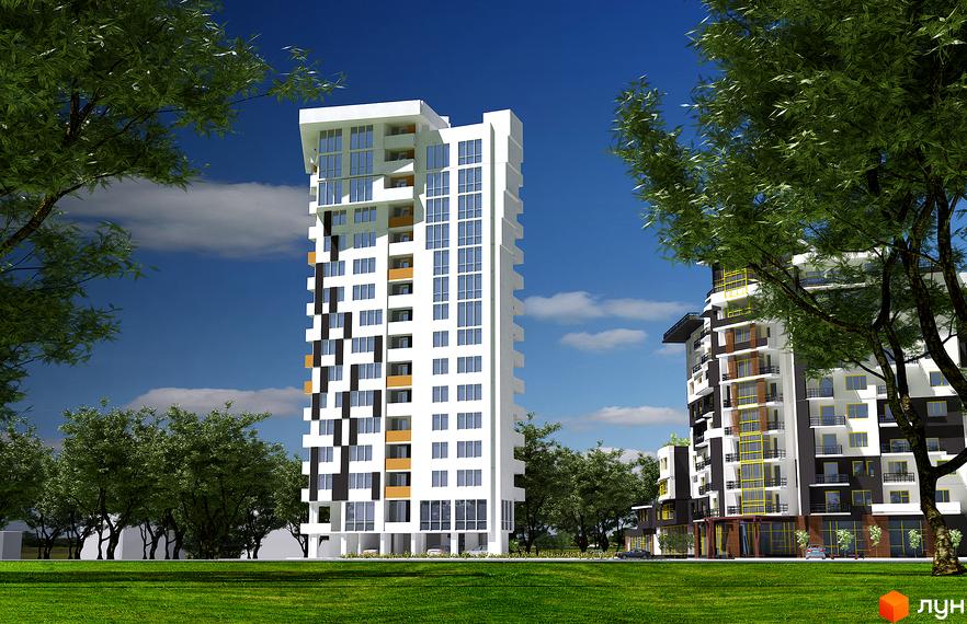Житловий комплекс Квітневий Residence: багатоповерховий будинок білого кольору з чорними та помаранчевими елементами фасаду, оточений зеленим газоном та деревами.