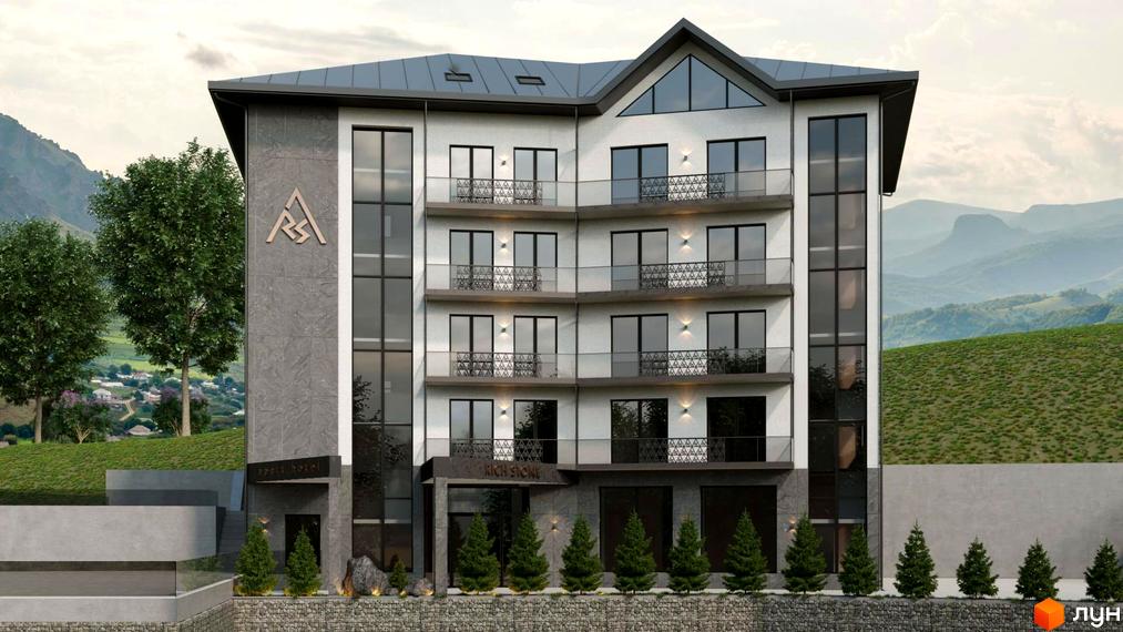 Апарт-готель Rich Stone Family Club з фасадом з сірого каменю та білої штукатурки, балконами та панорамними вікнами, оточений деревами та гірським пейзажем.