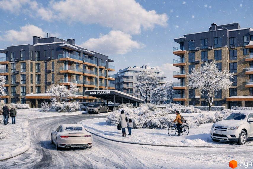Житловий комплекс Park House взимку з сучасними фасадами та засніженою прибудинковою територією. Новобудова з паркінгом та зеленими зонами.