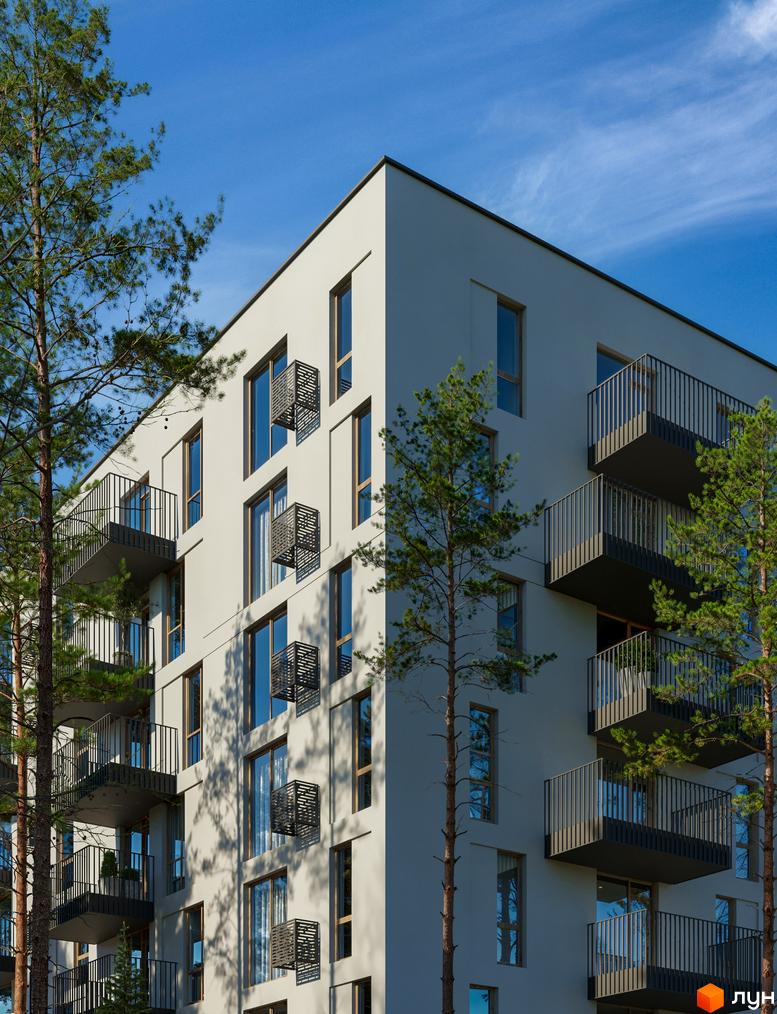 Зовнішній вигляд будинку ЖК Шведський квартал з балконами та вікнами, оточений деревами. Новобудова з сучасною архітектурою.