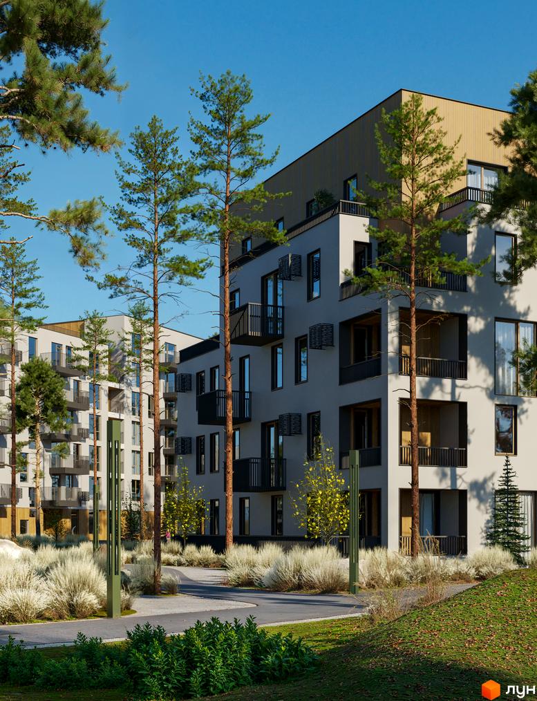 Житловий комплекс Шведський квартал з сучасними фасадами та балконами, оточений зеленню та деревами. Прибудинкова територія з доріжками та кущами.