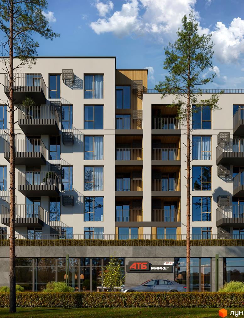 Житловий комплекс Шведський квартал з балконами та великими вікнами, перед ним зелені кущі та парковка з автомобілем.