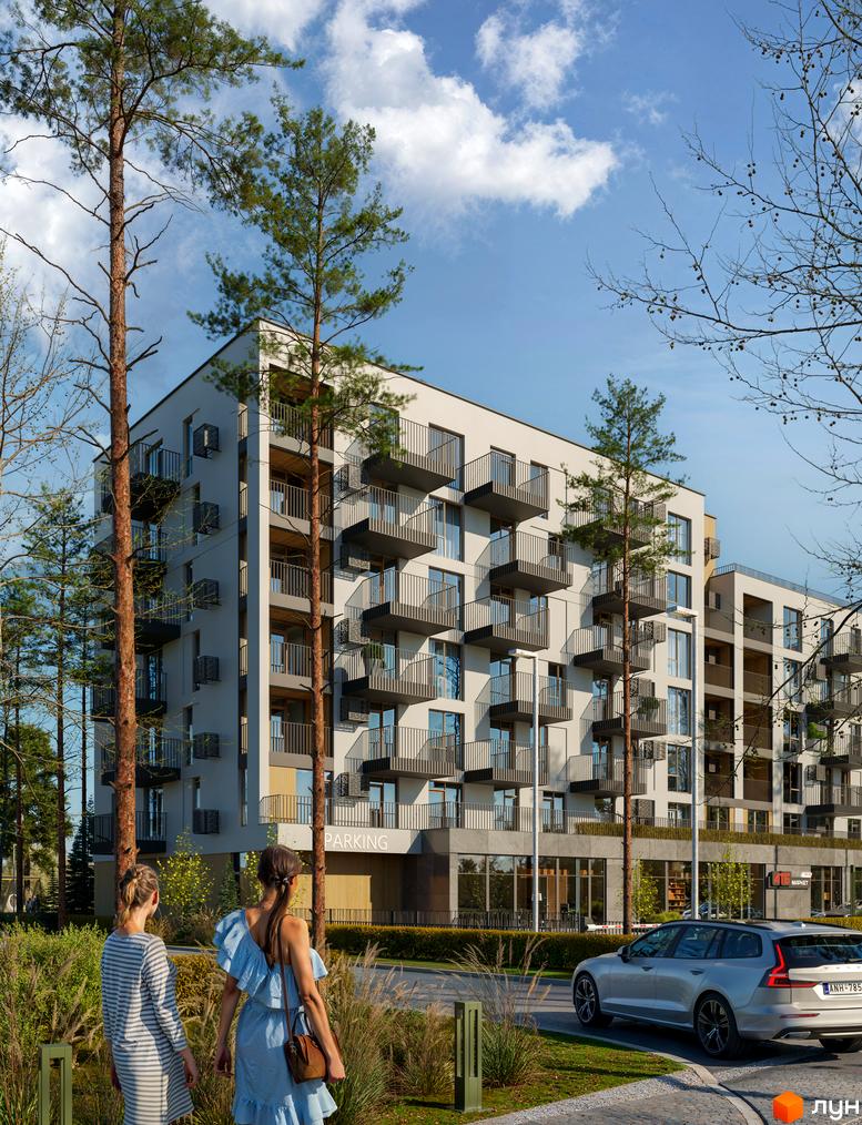 Житловий комплекс Шведський квартал з балконами та вікнами, оточений деревами. Перед будинком розташована парковка та зелена зона.