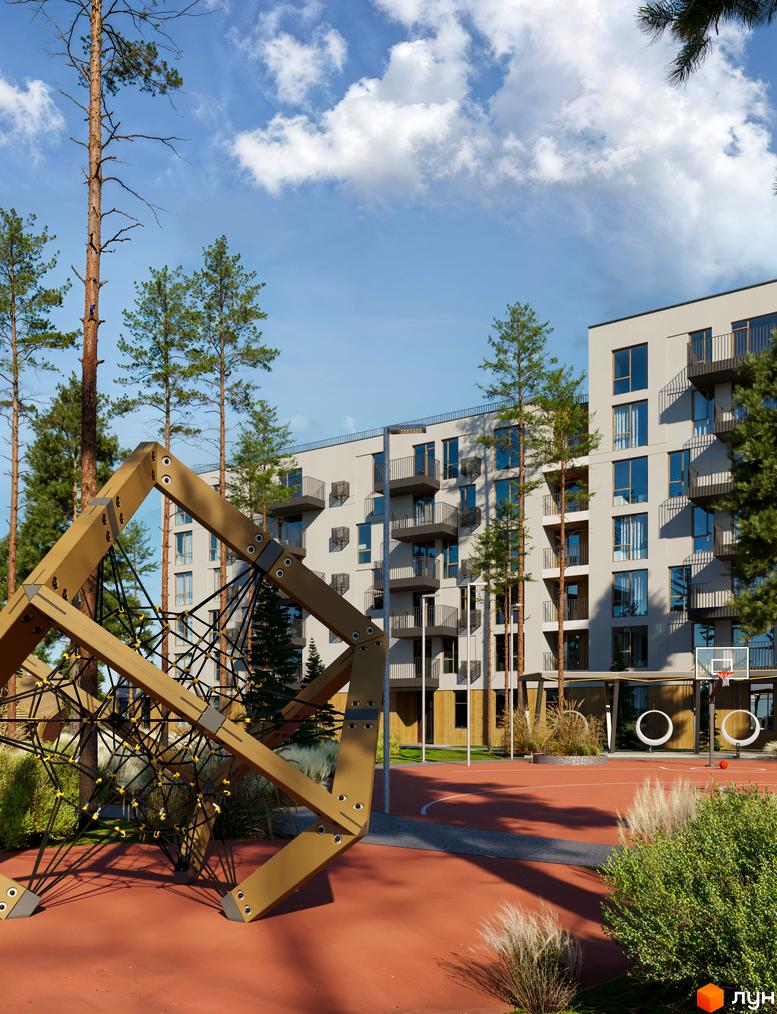 Зовнішній вигляд будинку ЖК Шведський квартал з балконами та вікнами, поруч дитячий майданчик та баскетбольне поле.