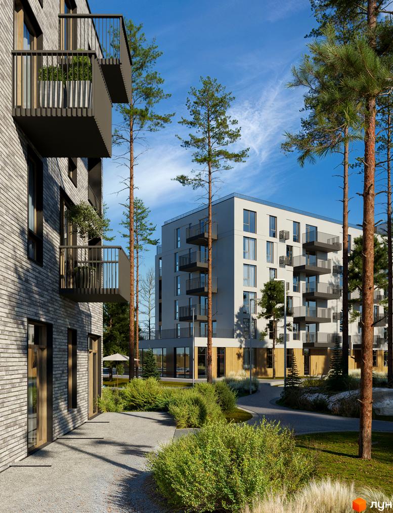 Зовнішній вигляд новобудови ЖК Шведський квартал з балконами та соснами на прибудинковій території. Сучасна архітектура та зелені насадження.