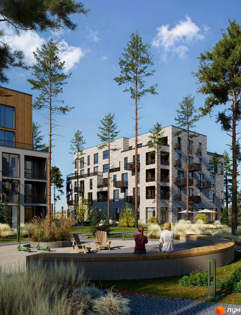 Житловий комплекс Шведський квартал з цегляними фасадами та балконами, оточений соснами та облаштованою прибудинковою територією з місцями для відпочинку.