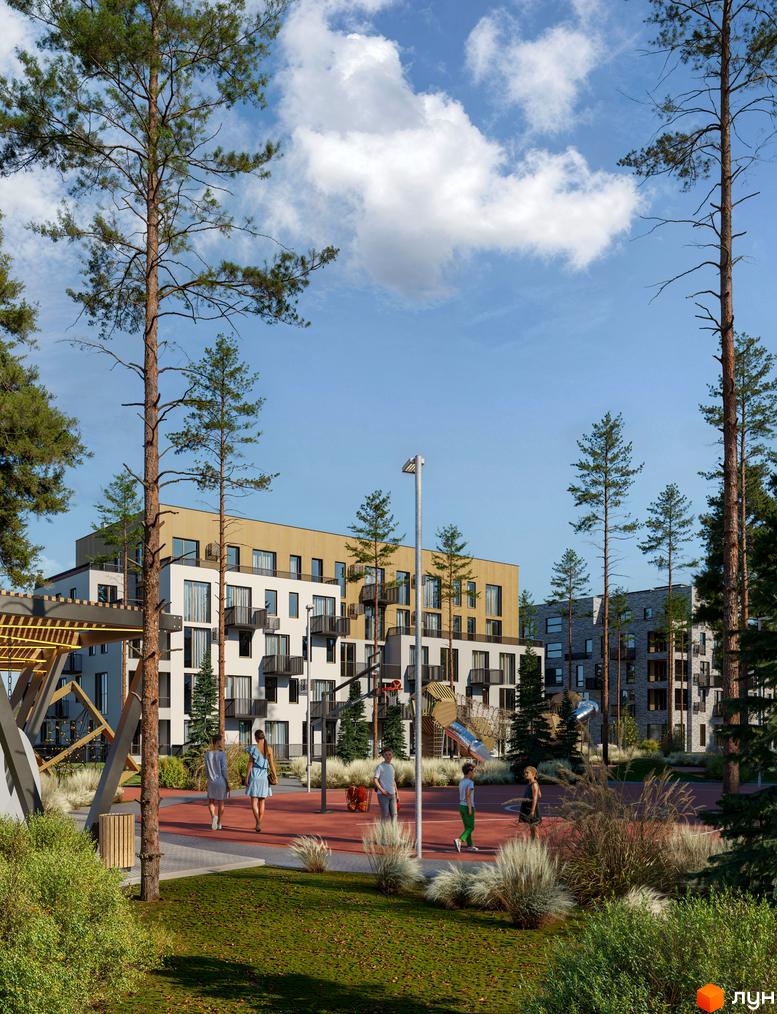 Житловий комплекс Шведський квартал: сучасні будівлі з балконами та дитячий майданчик на червоному покритті. Навколо зелені дерева та трава.