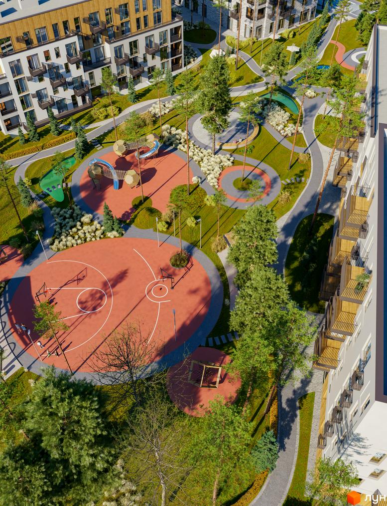 Житловий комплекс Шведський квартал з баскетбольним майданчиком та дитячим майданчиком. Сучасна архітектура будинків та зелена прибудинкова територія.