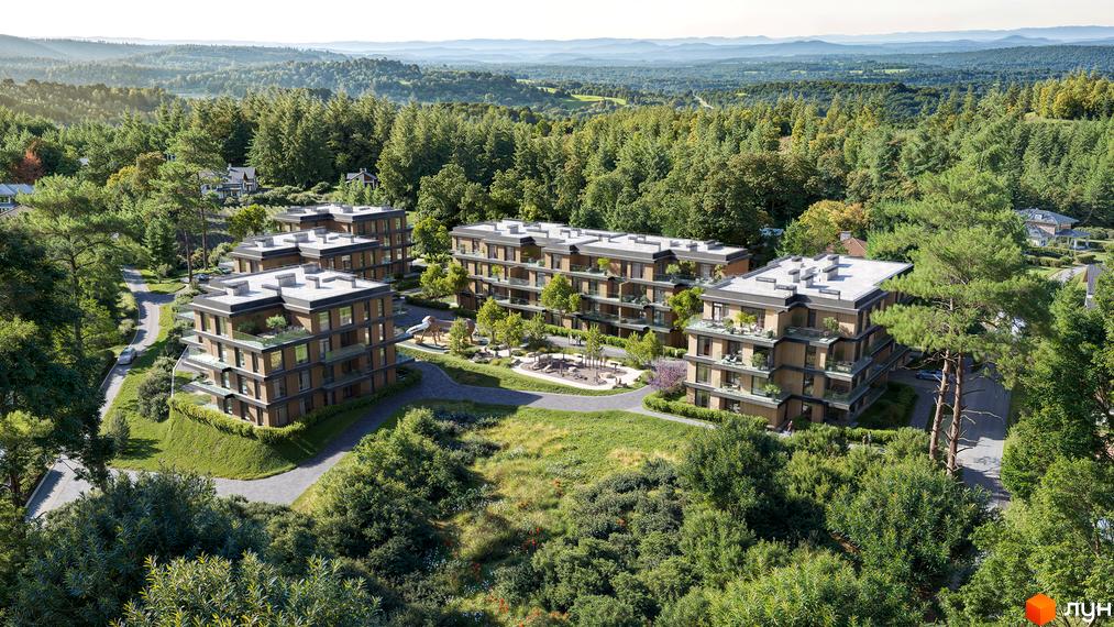 Житловий комплекс AURA з багатоповерховими будинками, балконами та прибудинковою територією з дитячим майданчиком та зеленими зонами.